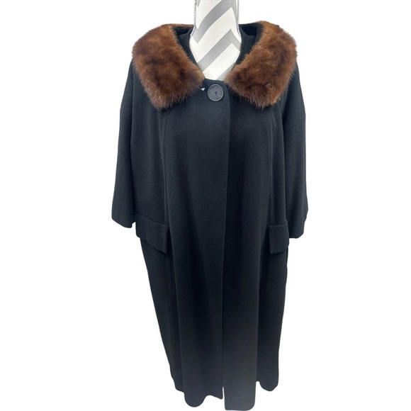 VTG Black Wool A-Line Swing Coat Scalloped Mink Collar Raglan Sleeves Jackie O - Picture 1 of 16